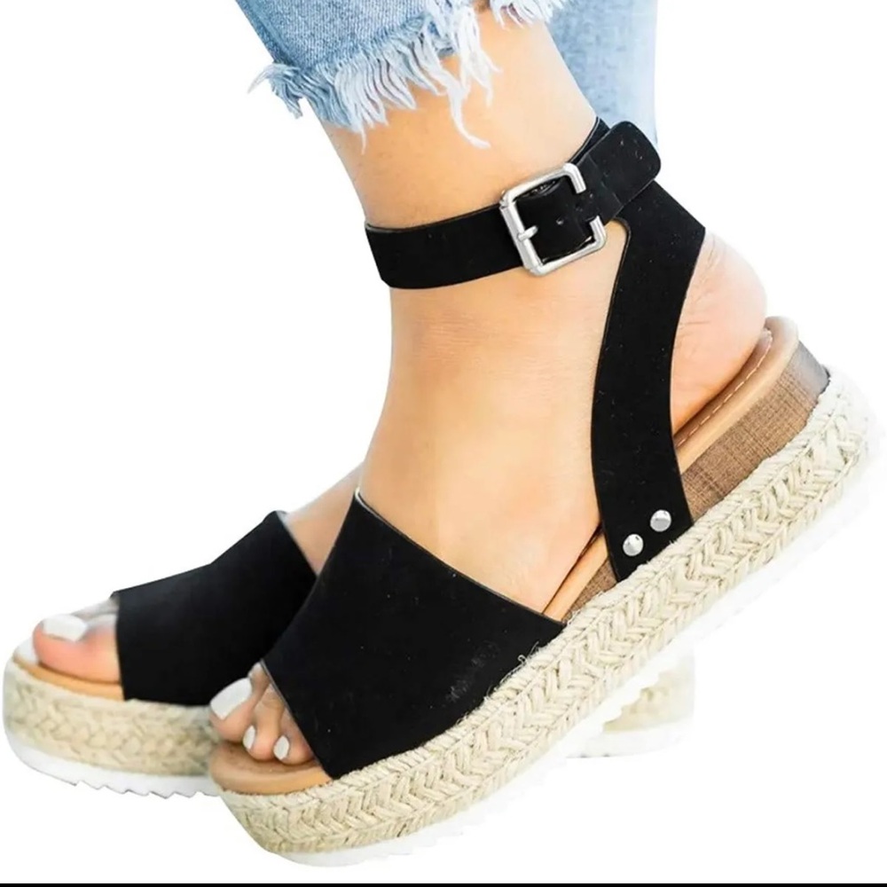 Womens Black Ankle Strap Espadrille Platform Sandals